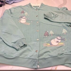 Women’s Extra Large Button Down Skiing Snowman Embroidered Christmas Sweatshirt